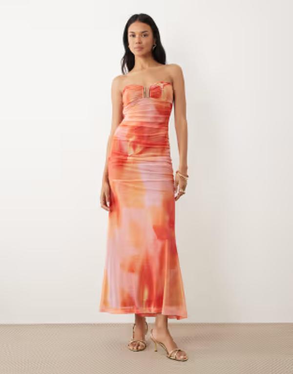 バードット レディース トップス ワンピース プリント メッシュ ストラップレス マキシ Bardot Stephanie strapless mesh maxi dress with metal hardware abstract print Pink Floral ピンク｜ReVida 店