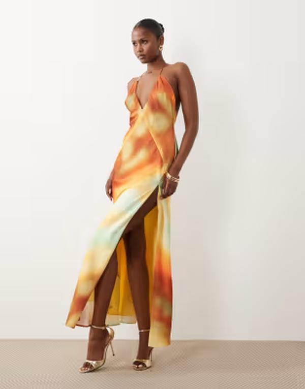 バードット レディース トップス ワンピース プリント マキシ ホルター Bardot Lizbethalter neck maxi dress withigh slit in sunrise abstract print Sunrise Abstract｜ReVida 店