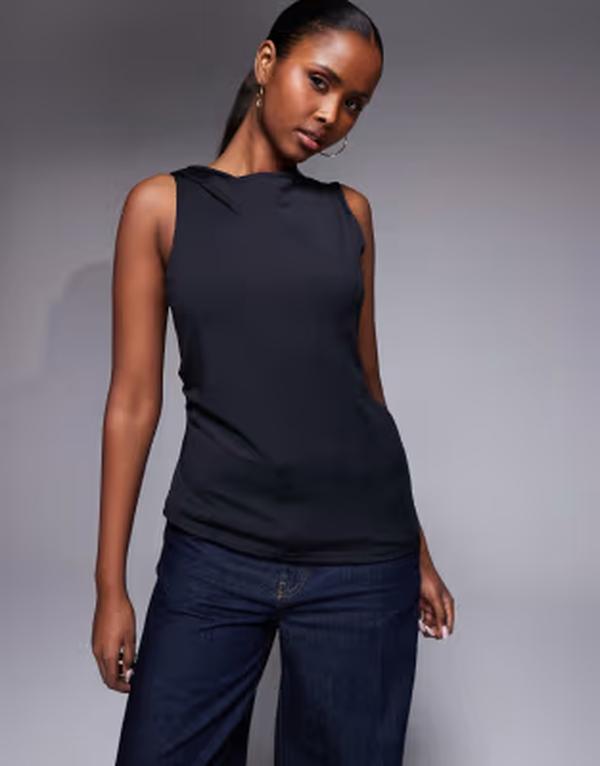 リバーアイランド レディース トップス ティーシャツ River Island polyamide slash neck detail top Black 黒いこと トップス-Tシャツ・カットソー