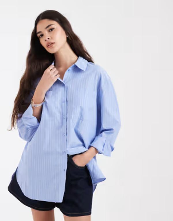 ピーシーズ レディース トップス シャツ PIECES oversized shirt and white stripes Grapemist white ホワイト｜ReVida 店