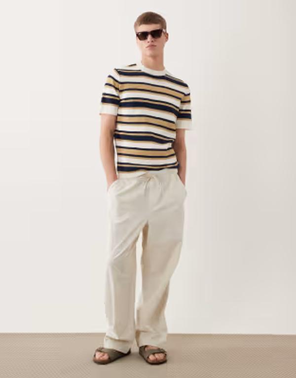 エイソス メンズ トップス Tシャツ ニット ASOS DESIGN short sleeve knit boucle T-shirt and ecru stripes Navy / ecru エクリュ｜ReVida 店