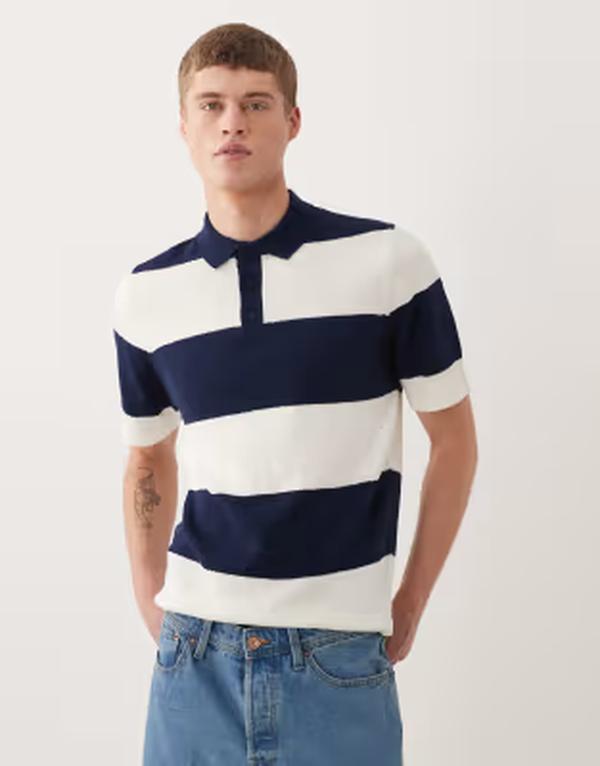 エイソス メンズ トップス スポーツシャツ 編み物 ASOS DESIGN short sleeve knit polo and navy stripe Multi マルチ色つや