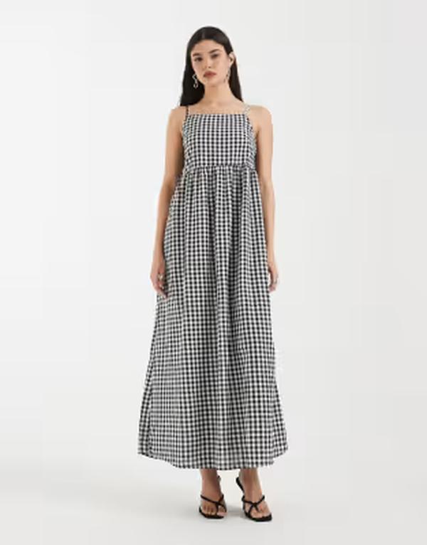 ピーシーズ レディース トップス 衣装 ギンガム照合のしるし 刷り上げる マキシ ギンガム PIECESeersucker cami maxi dress and white gingham print Black checks white 白いこと