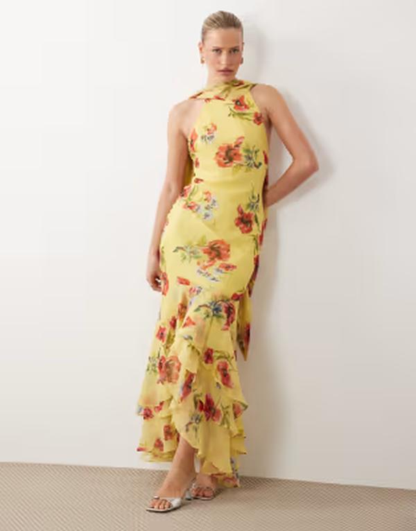 エイソス レディース トップス ワンピース フリル裾 フラワー柄 フリル マキシ フラワー ホルター ASOS DESIGN halter maxi dress with scarf detail and ruffle hem in yellow & pink floral Yellow/pink floral ピンク｜ReVida 店
