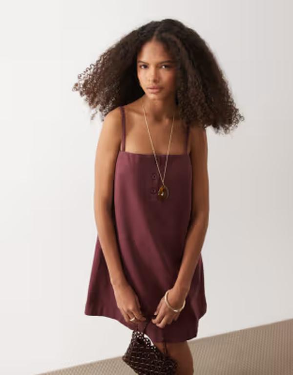 エイソス レディース トップス 衣装 ミニ ジーンズ ASOS DESIGN denim camini dress with button detail Burgundy バーガンディ