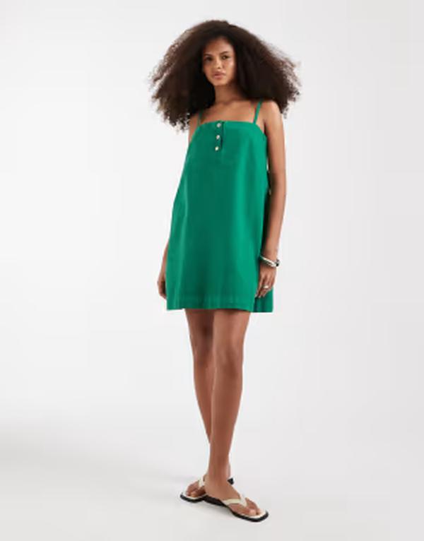 エイソス レディース トップス 衣装 ミニ ジーンズ ASOS DESIGN denim camini dress with button detail GREEN 緑であること