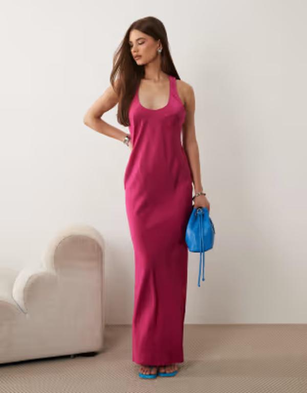 エイソス レディース トップス ワンピース サテン マキシ ASOS DESIGN scoop neck satin maxi dress with tie back in hot Magenta マゼンタ｜ReVida 店 19,156円