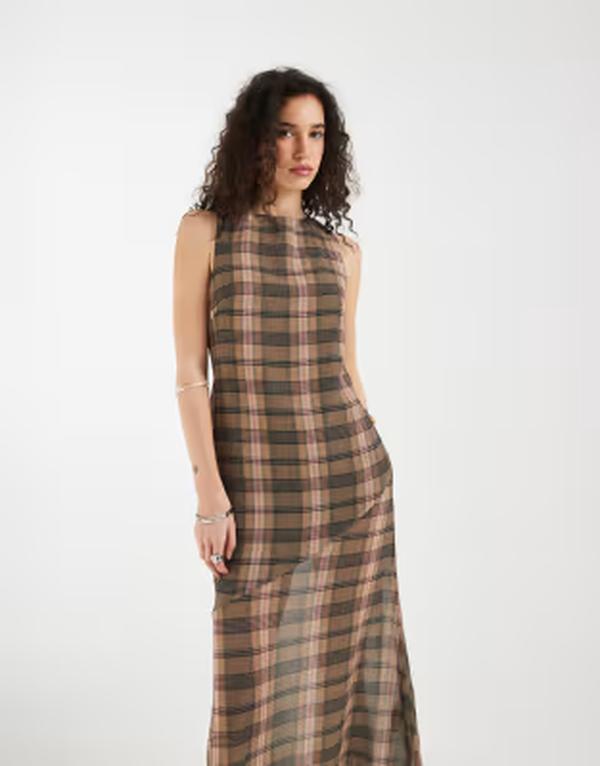 モーテル レディース トップス ワンピース シフォン Motelska chiffon short sleeve midaxi dress in blurry brown pink plaid BROWN ブラウン｜ReVida 店