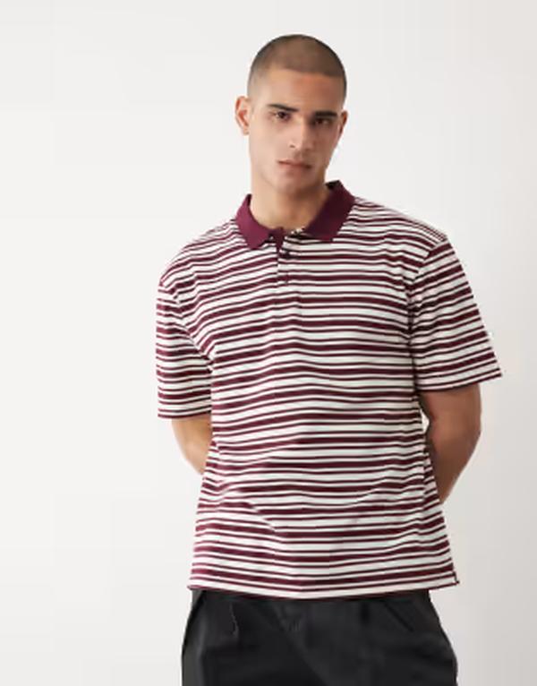 スリードベア メンズ トップス ポロシャツ リラックスフィット ニット Threadbarelaxed fit knit short sleeve polo top in plum and ecru stripes Burgundy バーガンディ|ReVida 店