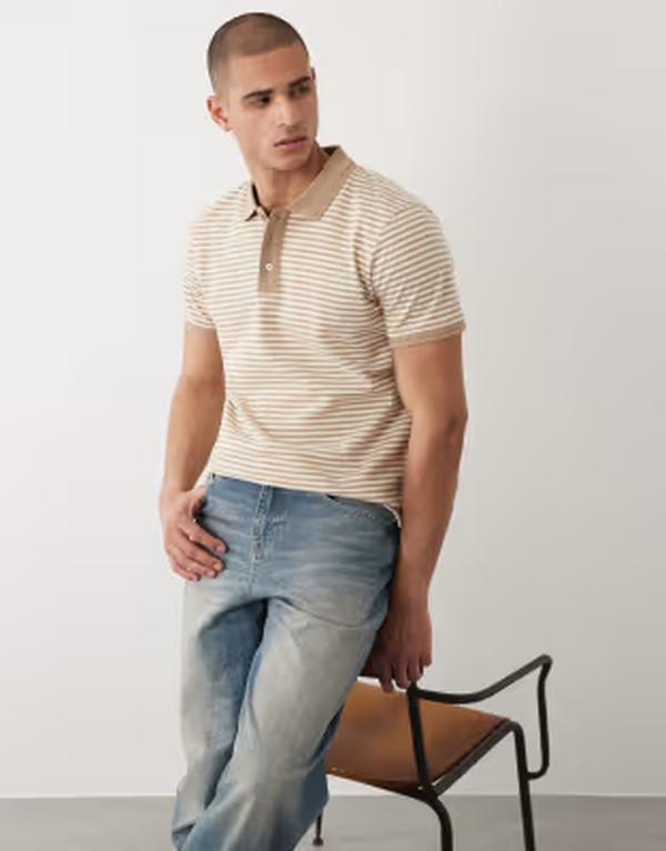 スリードベア メンズ トップス ポロシャツ ニット Threadbare knit short sleeve polo top in stone and ecru stripesTONE ストーン|ReVida 店