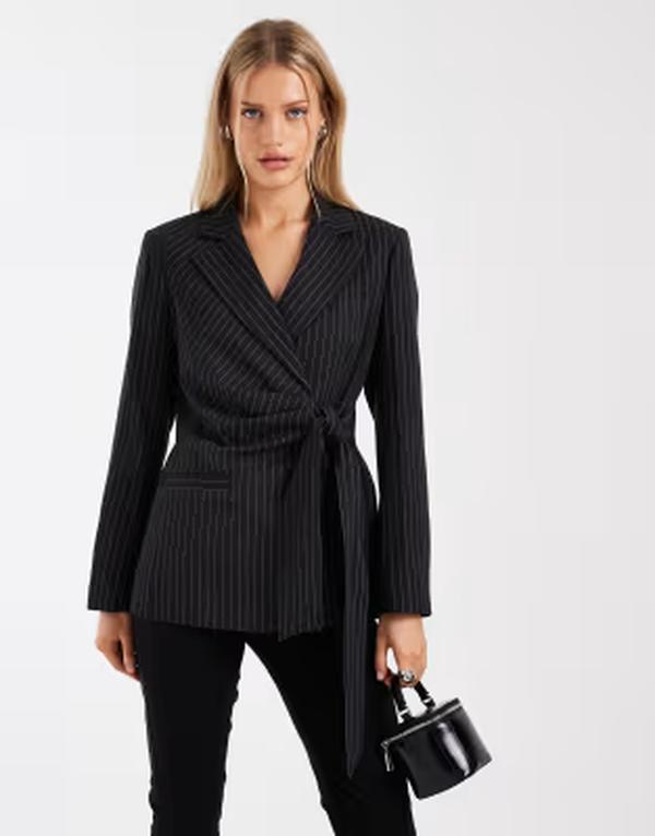 リバーアイランド レディース アウター 上衣・上衣 スポーツジャケット River Island striped tie waist blazer Black 黒いこと