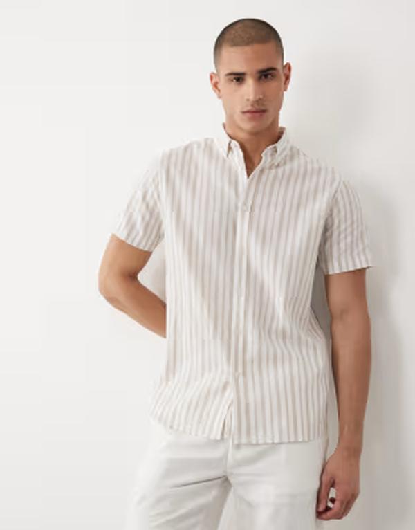 スリードベア メンズ トップス シャツ リネン Threadbare linen mix short sleeve shirt in stone and ecru stripesTONE ストーン｜ReVida 店