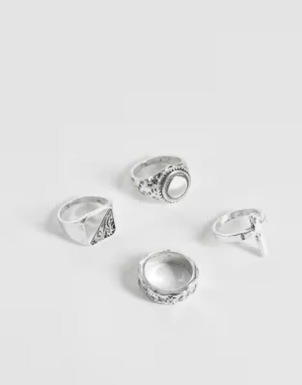 エイソス メンズ 佩び物 輪っか ASOS DESIGN 4 pack engravedetail and cross ring インチ burnished silver tone SILVER しろがね色