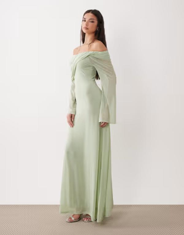 エイソス レディース トップス 衣装 ドレープ マキシ ASOS DESIGN off the shoulder draped neck long sleeve maxi dress インチ sage サルヴィア