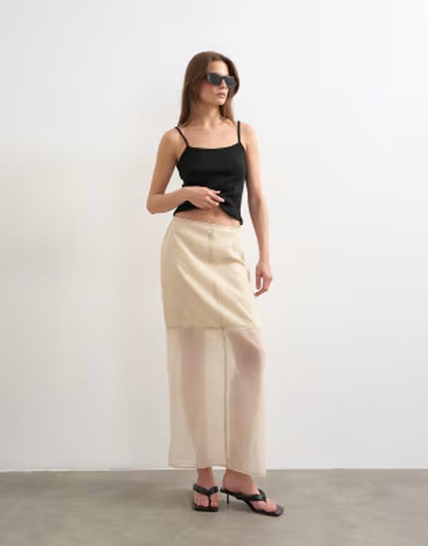 トップショップ レディース ボトムスカート コントラスト マキシ Topshop organza column maxi skirt with contrastitching in oyster|ReVida 店