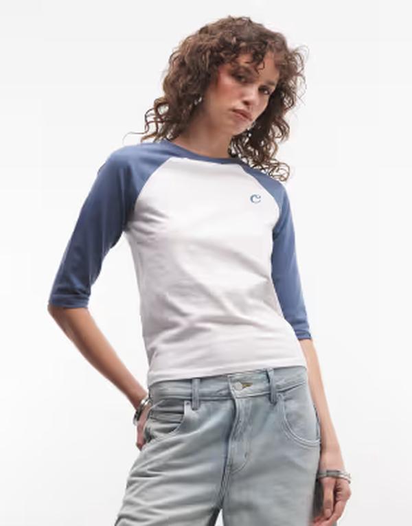 コルージョン レディース トップス Tシャツ COLLUSION raglan fitted T-shirt with 3/4 sleeves and ORANGE オレンジ｜ReVida 店