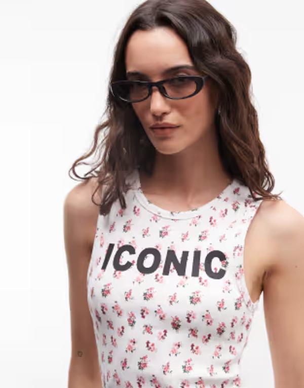 エイソス レディース トップス より良い 刷り上げる ASOS DESIGN scoop neck tank top with iconic slogan インチ ditsy print Ditsy print