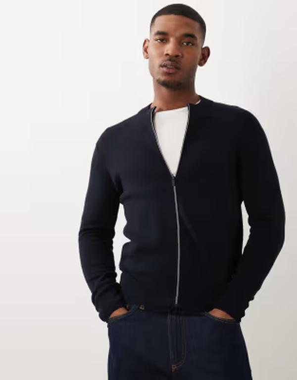 マンゴ レディース アウター ジレー モックネック 編み物 Mango mock neck zip up knit cardiganAVY 米国海軍