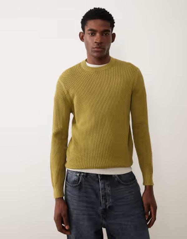 マンゴ メンズ アウター ニット・セーター クルーネック Mango waffle knit crew neck sweater in olive GREEN グリーン｜ReVida 店