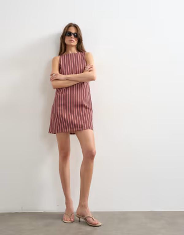 トップショップ レディース トップス ワンピース ミニ デニム Topshop denim shift mini dress red and pink stripes RED AND PINK STRIPES レッド|ReVida 店