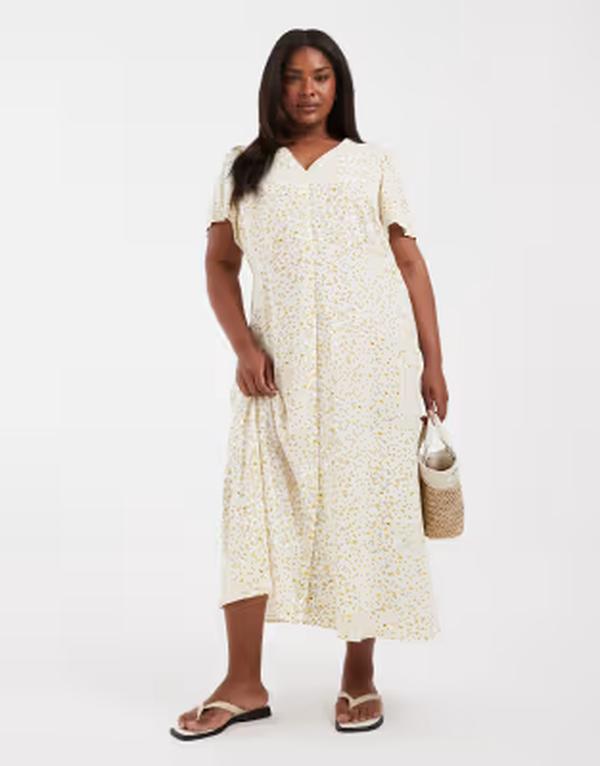 ヴェロモーダ レディース トップス ワンピース ボタンダウン フラワー柄 プリント ダウン マキシ フラワー Vero Moda Curve button down maxi dress and yellow ditsy floral print White/Yellow ホワイト|ReVida 店