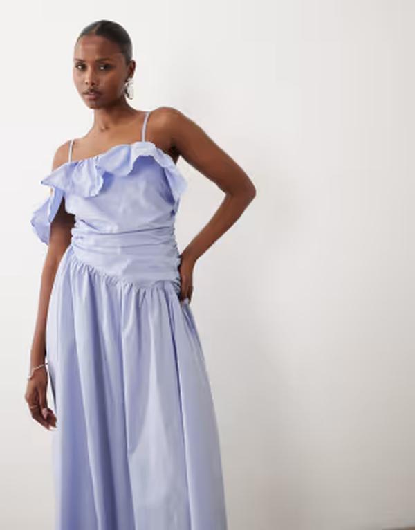 ヴェロモーダ レディース トップス 衣装 ギャザー midi 綿織物 Vero Moda cotton poplin one shoulderuched MIDI dress Blue heron 青み
