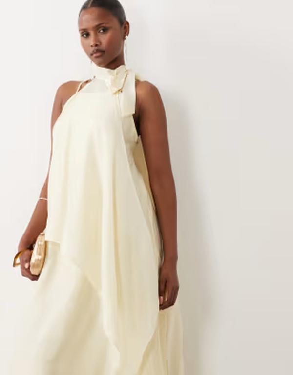 ヴェロモーダ レディース トップス ワンピース シフォン マキシ ホルター Vero moda layered chiffon halter maxi dress in pale yellow Flan イエロー