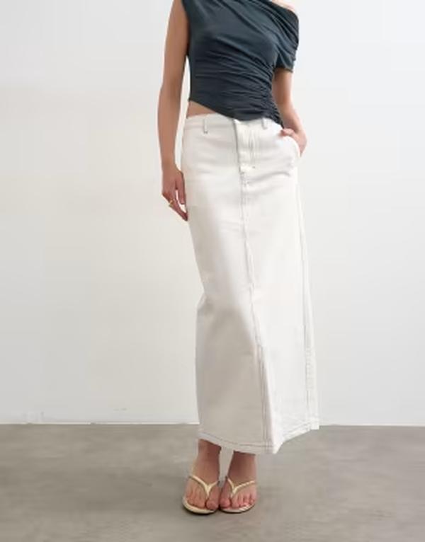 とっ始め販売店 レディース 下つ方スコート ジーンズ マキシ Topshop denim column maxi skirt インチ bone ジーンズ