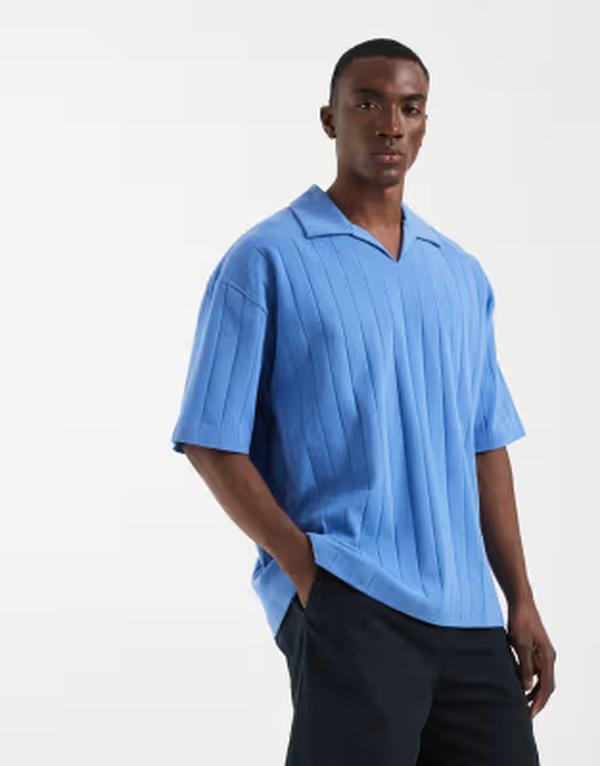 エイソス メンズ トップス スポーツシャツ ASOS DESIGN oversized wide rib camp collar polo Blue yonder 青み