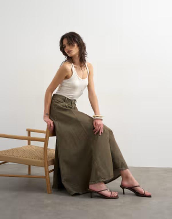 とっ始め販売店 レディース 下つ方スコート ジーンズ マキシ Topshop denim circle seamed maxi skirt インチ olive オリーブ