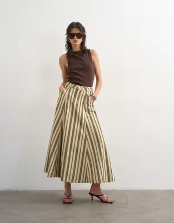 とっ始め販売店 レディース 下つ方スコート ジーンズ マキシ Topshop denim circle seamed maxi skirt インチ stripe 縞模様