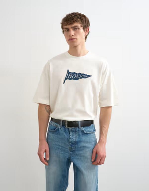 トップマン メンズ トップス Tシャツ リラックスフィット Topman relaxed fit-shirt with Bonjour Flag patch in ecru エクリュ