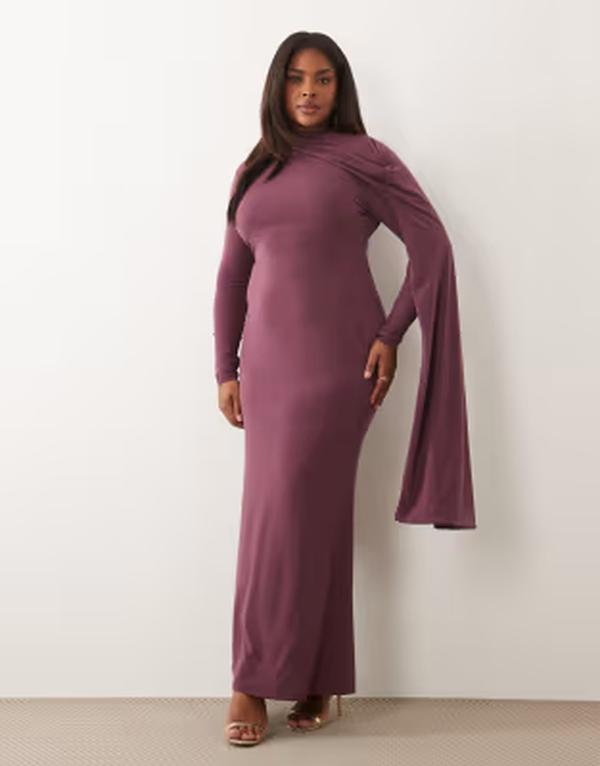 エイソス レディース トップス 衣装 マキシ ASOS Curve ASOS DESIGN Curve long sleeve maxi dress with extreme scarf detail インチ mauve レディースファッション-ワンピース