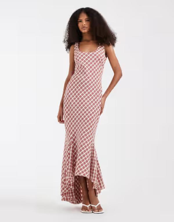 エイソス レディース トップス 衣装 マキシ ASOS DESIGN fluted hemaxi dress plaid RED 赤いこと