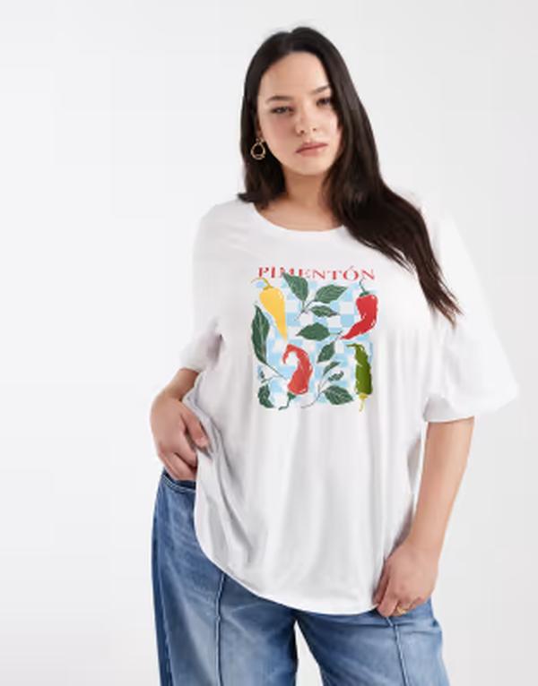 オンリー曲線状の形 レディース トップス ティーシャツ グラフィック ONLY Curve chilli graphic oversized T-shirt Bright White 白いこと レディースファッション-Tシャツ・カットソー
