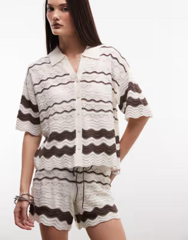 ノイジーメイ レディース トップス ポロシャツ Noisy May crochet polo & brown - part of a set Birch ブラウン|ReVida 店
