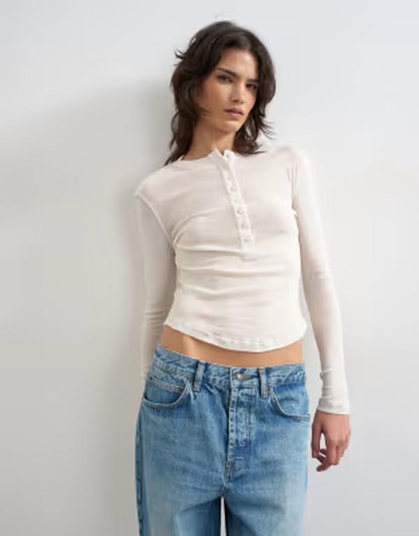 とっ始め販売店 レディース トップス ティーシャツ Topshop fitted long sleeve henley top インチ ecru エクリュ Tシャツ・カットソー-レディースファッション-トップス