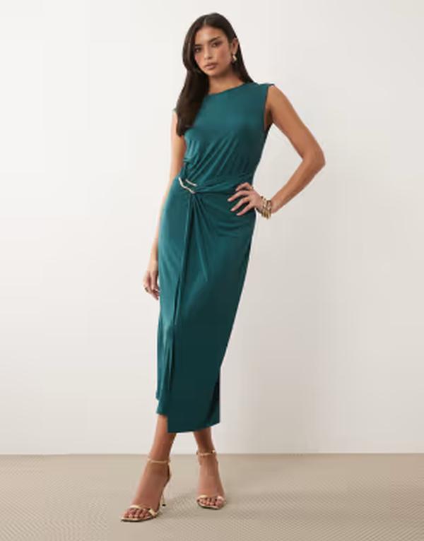 ヴィラ レディース トップス ワンピース ミディ VILA hammered gold waist cinching slinky midi dress in deep teal Atlantic deep ティール|ReVida 店