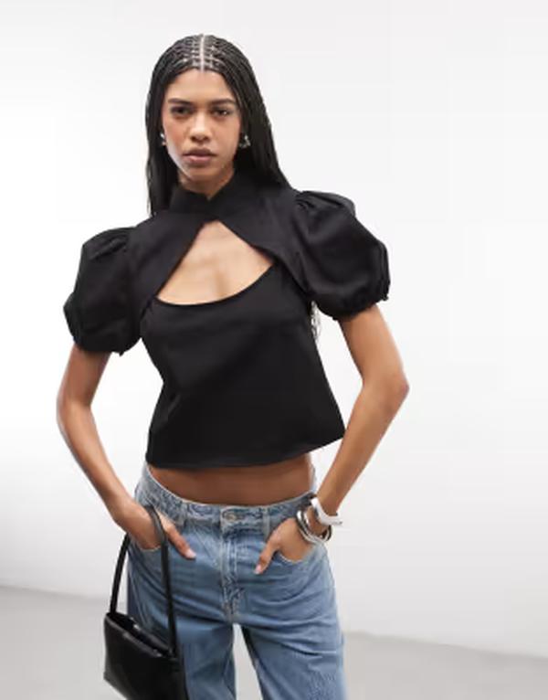 エイソス レディース トップス プルオーバー カットアウト ASOS DESIGN puff sleeve cut out mandarin top Black 黒いこと