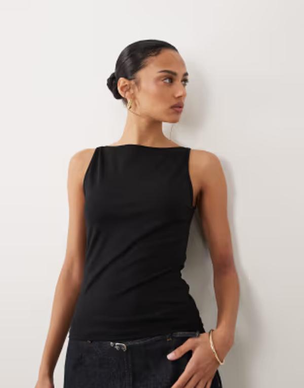 マンゴ レディース トップス より良い ティーシャツ Mango jersey boat neck tank top Black 黒いこと レディースファッション-ベスト・ジレ-トップス