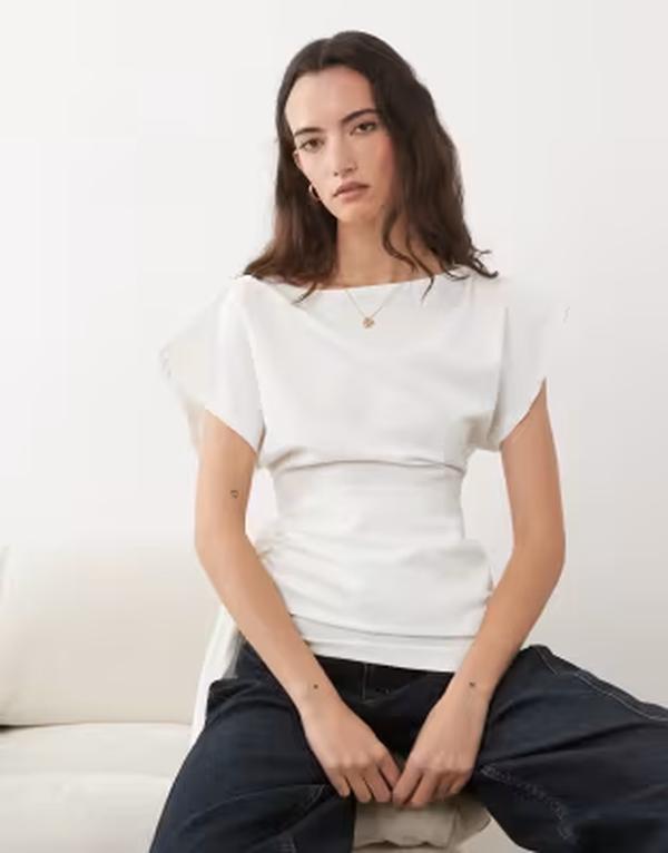 エイソス レディース トップス Tシャツ ラップウエスト ASOS DESIGN slash neck wrap waistop WHITE ホワイト｜ReVida 店