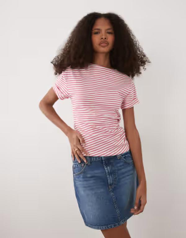 エイソス レディース トップス プルオーバー ギャザー ASOS DESIGN cuffed sleeves ruched sides t-shirt and white stripesTRIPE 縞模様