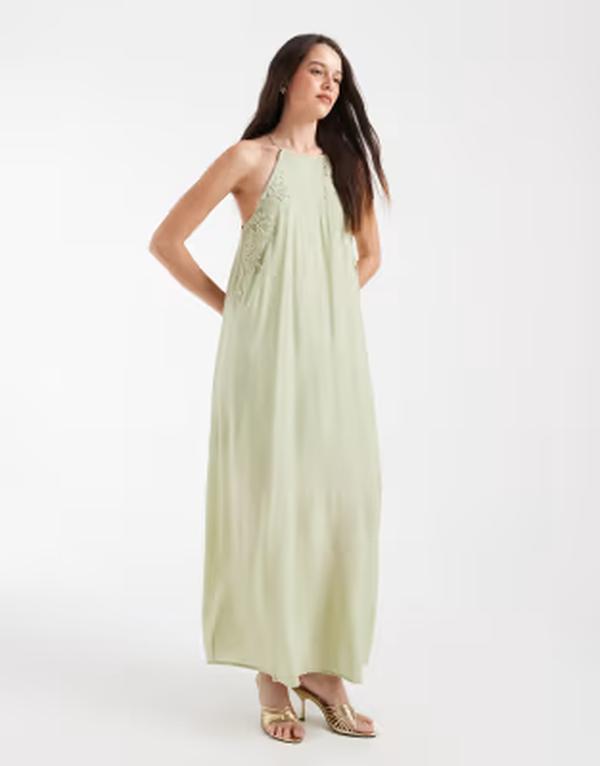 オブジェクト レディース トップス ワンピース マキシ ホルター Objectextured halter neck maxi dress with embroidery in sage Tea Detail グリーン
