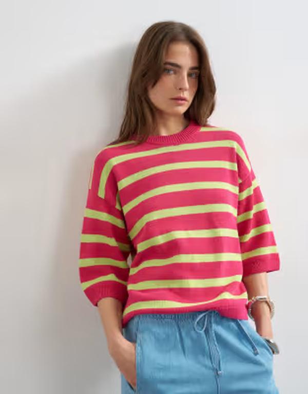 とっ始め販売店 レディース トップス ティーシャツ 伸び伸びする相応う 編み物 Topshop knit half sleeve relaxed fit-shirt and lime PINK サクラ色 Tシャツ・カットソー-トップス-レディースファッション