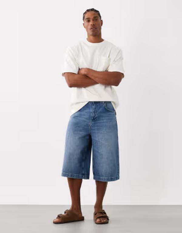 エイソス メンズ ボトムス 二分の一ズボン下・さる股引き ヴィンテージ ジーンズ ASOS DESIGN longer length denim jorts インチ vintage mid wash Mid washed Blue 青み