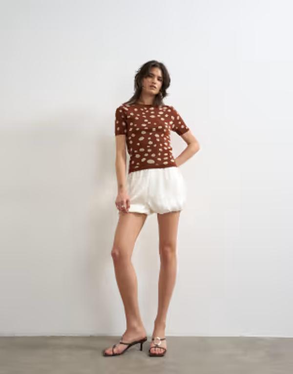 トップショップ レディース トップス ポロシャツ アニマル柄 プリント Tシャツ ニット Topshop knit animal print fitted short sleeve T-shirt BROWN ブラウン|ReVida 店