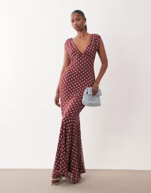 エイソス レディース トップス 衣装 点点 刷り上げる メッシュ マキシ ASOS DESIGN mesh off the shoulder maxi dress with fishtail hem polka-dot print Polka Dot 点点