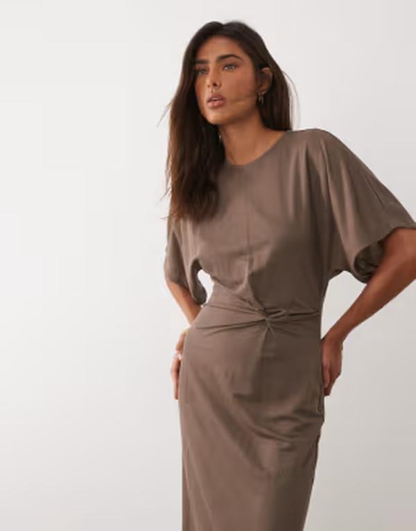 マンゴ レディース トップス ワンピース Tシャツ Mango T-shirt dress with twist detail Khaki カーキ｜ReVida 店
