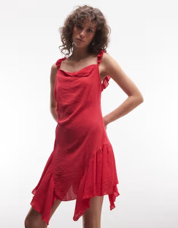 モンキ レディース トップス ワンピース アシンメトリー フリル ミニ Monki asymmetric ruffle mini dress Red レッド|ReVida 店