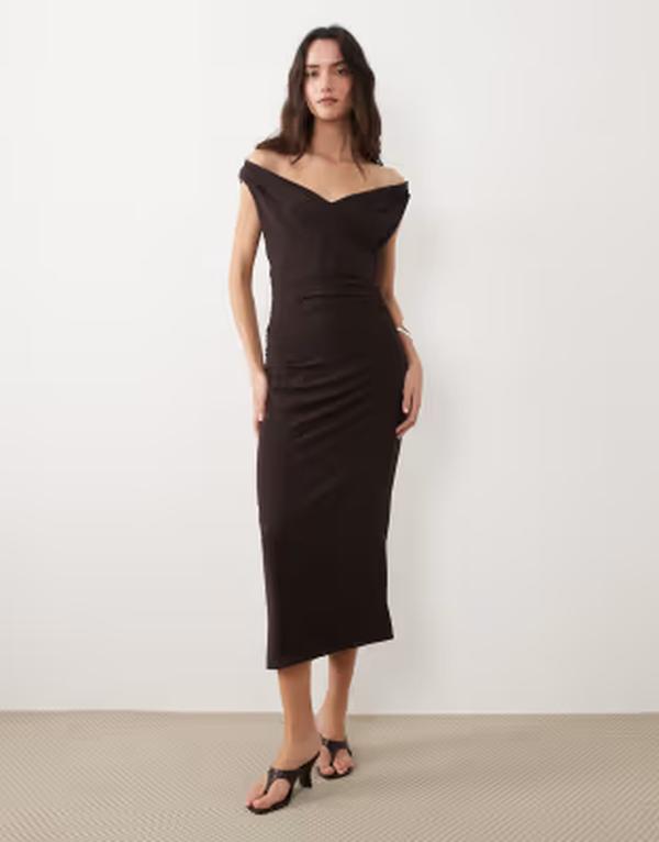 マンゴ レディース トップス 衣装 マキシ Mangoff the shoulder maxi dress BROWN 赤銅色